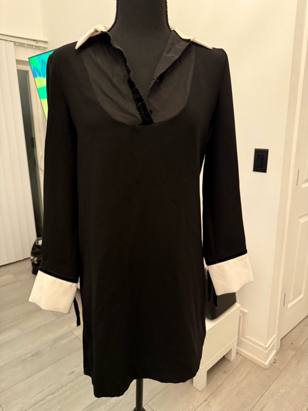 Zara Black Long-Sleeve Dress with White Collar & Cuffs